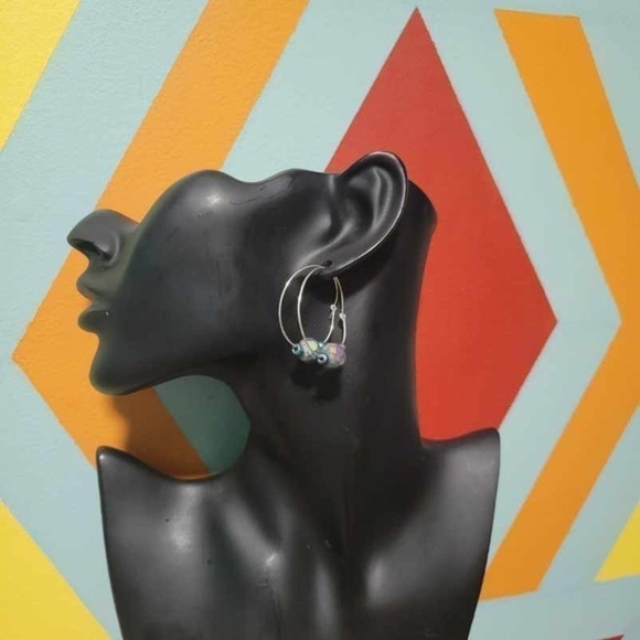 New Handmade Iridescent Glass Beads On Silver Colored Hoop Earrings Gift Boxed - Picture 9 of 9